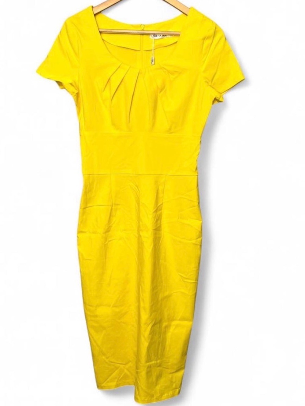 Retro Mod MUXXN Yellow Wiggle Sheath Dress NWT Size Large Short Sleeve Midi